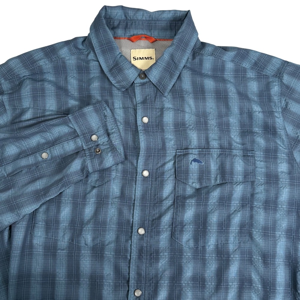 Simms Big Sky Long Sleeve Fishing Shirt Blue Plaid Pearl Snap Ventilated Mens XL